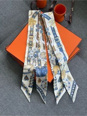 Hermes Blue, Gold and Cream Silk Twilly Scarf